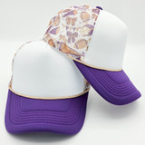 Football Medley Team Colors Foam Trucker Hat, adjustable sports cap with purple brim, white front panel, and colorful multi-patterned mesh back in team colors.