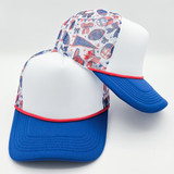 Football Medley Team Colors Foam Trucker Hat, a breathable foam and mesh baseball cap featuring vibrant red, white, and blue team colors with a curved brim.
