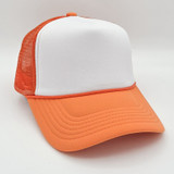 Orange & White Foam Trucker Hat, front view of the adjustable mesh cap with orange bill and white front panel.