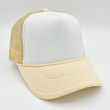 Yellow & White Foam Trucker Hat, front view of a casual trucker cap with a yellow and white foam front panel and a beige mesh back.