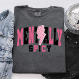 Mentally Spicy DTF Heat Transfer, a graphic t-shirt with bold pink and black text and a lightning bolt design.
