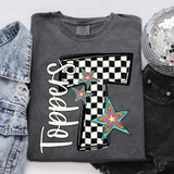 Pop Star Checker Mascot DTF Heat Transfer, a colorful heat transfer design featuring stars and a checkerboard letter T for custom clothing.