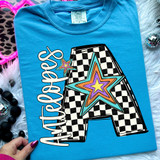 Pop Star Checker Mascot DTF Heat Transfer, colorful star design on a blue T-shirt with checkered pattern.