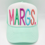 MARGS Puff Embroidered HAT/POCKET Patch, pastel-colored baseball cap with multicolored embroidery of the brand name MARGS.