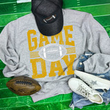 Game Day Various Colors/Puff Ink Screen Print, sport-themed sweatshirt with distressed yellow text and football graphic on a gray background.