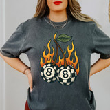 Checkered Cherry Flames DTF Heat Transfer, graphic design of two checkered cherries with the number 8, surrounded by flames and a green leaf on top.