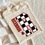 Checkered Mascot N-Z DTF Heat Transfer, graphic design of a cartoon mascot lizard with a checkered pattern, and text 'RICE BIRDS' on a beige T-shirt.