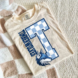 Checkered Mascot N-Z DTF Heat Transfer, a graphic design featuring a large letter 'T' filled with a blue and white checkered pattern, with the text 'TIME BEYONDS' and a mascot wolf's head underneath, printed on a cream-colored T-shirt.
