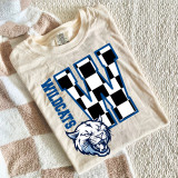 Checkered Mascot N-Z DTF Heat Transfer, graphic of a checkered letter V with a lion mascot and the text 'WILDCATS' on a white T-shirt.