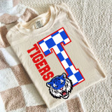 Checkered Mascot N-Z DTF Heat Transfer, a vibrant graphic design featuring a large checkered letter 'T' with a blue and white pattern, the word 'TIGERS' in bold red letters, and a fierce tiger mascot at the bottom, perfect for customizing apparel.
