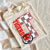 Checkered Mascot N-Z DTF Heat Transfer, image of a white T-shirt with a red and black tiger mascot, a large red outlined number '1' with a gray and white checkerboard pattern, and red block letters spelling 'CHEERS' on the front.