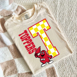 Checkered Mascot N-Z DTF Heat Transfer, embossed number one and WKU mascot character on a beige T-shirt.