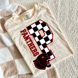 Checkered Mascot N-Z DTF Heat Transfer, a graphic print of a black and white checkered number 1 with a red outline, featuring a roaring black and red panther mascot for team spirit or sports apparel.