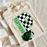 Checkered Mascot N-Z DTF Heat Transfer, sports team logo design on a white t-shirt with a black and white checkered letter 'P', the word 'PANTHERS' in green, and a fierce black and green panther mascot.