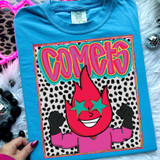 Comets Colorful Mascot DTF Heat Transfer, vibrant and colorful cartoon character design on a blue T-shirt.