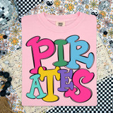 Colorful Jumping Mascot DTF Heat Transfer, vibrant multi-colored cartoon baby-themed letters and characters on a pink background.