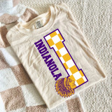 Checkered Mascot A-M DTF Heat Transfer, printed heat transfer design on a beige t-shirt featuring a checkered pattern and an Indian chief mascot with the text 'INDIANOLA'.