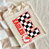 Checkered Mascot A-M DTF Heat Transfer, sports-themed red and black checkered eagle mascot with bold text on a white t-shirt.