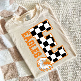 Checkered Mascot A-M DTF Heat Transfer, design on a cream-colored T-shirt showing a large checkered letter E, the word FACES, and an eagle mascot illustration.