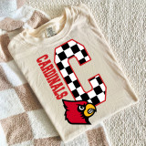 Checkered Mascot A-M DTF Heat Transfer, sports team logo with cardinal mascot and bold red checkered number 3 on a cream T-shirt.