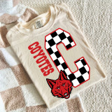 Checkered Mascot A-M DTF Heat Transfer, graphic design featuring a large number 3 with a black and white checkered pattern, the word 'SCHOOL' in red, and a red wolf mascot head below.
