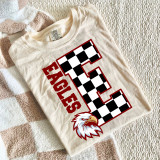 Checkered Mascot A-M DTF Heat Transfer, design featuring a checkered flag pattern with the letter E and an eagle mascot, on a white T-shirt.