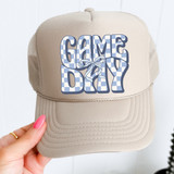 Blue Checker Game Day Coquette DTF Heat Transfer, baseball cap with a blue checked pattern and the phrase 'Game Day' in bold letters, featuring a bow design in the center.