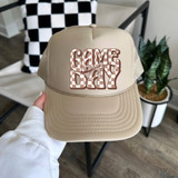 Brown Checker Game Day Coquette DTF Heat Transfer, beige baseball cap with 'GAME DAY' design in checkered and bow accents.