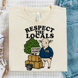 Respect The Locals Future Farmer DTF Heat Transfer T-shirt with a cartoon sheep wearing a jacket, standing next to hay bales, a tree, and a sign that says 'Future Farmer'.