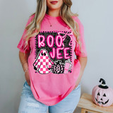 Boujee Ghost DTF Heat Transfer, vibrant pink Halloween-themed graphic on pink t-shirt featuring the word Boo Jee, ghost, pumpkin, and drink illustration.
