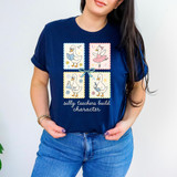 Silly Teachers Build Character Bow DTF Heat Transfer, graphic illustration of four cartoon swans dressed as teachers and students, with the text "silly teachers build character" on a navy blue t-shirt.