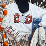Sequin Orange & Leopard Boo w. Ghost Patch, Halloween-themed sweatshirt with sequin accents, ghost and pumpkin patches, paired with denim jeans, white sneakers, and a striped sleeve, autumn decor with pumpkin string lights.