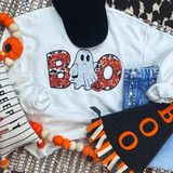 Sequin Orange & Leopard Boo w. Ghost Patch T-shirt, featuring a spooky ghost graphic with glittery red and leopard print details, styled with Halloween-themed accessories.