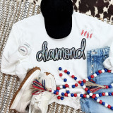 Diamond Sequin Patch, sparkling rhinestone patch spelling 'diamond' on a white sweatshirt, surrounded by casual accessories including white sneakers, a black cap, denim shorts, and baseball-themed embellishments.
