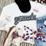 Gamecocks Sequin Patch, an embroidery patch decorated with shiny sequins spelling 'Gamecocks' for customizing clothing and accessories.