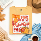 Take Me To The Pumpkin Patch Coquette DTF Heat Transfer T-Shirt with a pumpkin and bow design, perfect for fall and Halloween season.