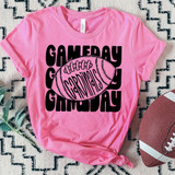 Game Day Football Mascot DTF Heat Transfer, pink T-shirt with a football graphic and bold black text for sports fan apparel.