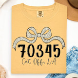 Cut Off, LA Zip Code Bow DTF Heat Transfer, yellow t-shirt with black and white bow graphic and text '70345 Cut Off, LA' in stylish fonts.