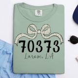 Larose, LA Zip Code Bow DTF Heat Transfer, custom design on a mint green T-shirt with bow and town details.