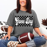 Retro Game Day Checker DTF Heat Transfer, football-themed apparel with checkered pattern and 'Game Day' text for sports fans.
