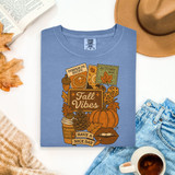 Fall Vibes Have A Nice Day DTF Heat Transfer, colorful autumn-themed design on a blue t-shirt with pumpkins, leaves, coffee, and fall elements.