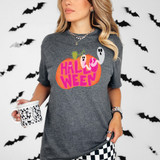 Bright Halloween Leopard Pumpkin DTF Heat Transfer, Halloween-themed pumpkin with leopard pattern, ghost faces, and "Halloween" text in vibrant colors, suitable for costumes and apparel.