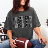 Patterned Game Day DTF Heat Transfer, product featuring a woman wearing a dark gray T-shirt with black and white checkered and star patterns in the letters spelling 'GAME DAY'.