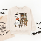 Candy Hunter DTF Heat Transfer, Halloween-themed sweatshirt with ghost wearing a Candy Hunter cap and a haunted house design.
