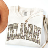 Camo States DTF Heat Transfer, a white sweatshirt with a camouflage patterned 'Delaware' text design, used for personalized apparel decoration.