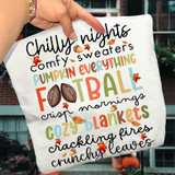 Chilly Nights, Comfy Sweaters, Pumpkin Everything DTF Heat Transfer, close-up of a decorative pillow with fall themed text and illustrations of leaves, acorns, footballs, and pumpkins, perfect for autumn season.