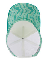 Ivory Jade Swirl Foam Trucker Hat, front view of the hat with a swirling jade and ivory pattern and a white mesh back.