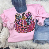 Pink Sequin Pumpkin with Leopard Bow Patch, clothing and accessories layout, includes pink sweatshirt with pumpkin design, denim shorts, white sneakers, and a denim cap.