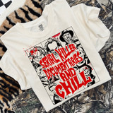 Serial Killer Documentaries and Chill Horror DTF Heat Transfer, black and white graphic t-shirt with horror comic style illustrations and red text overlay.