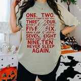 One Two Three Four Horror DTF Heat Transfer, product image featuring a beige T-shirt with Halloween speech lines and a scratch mark design.